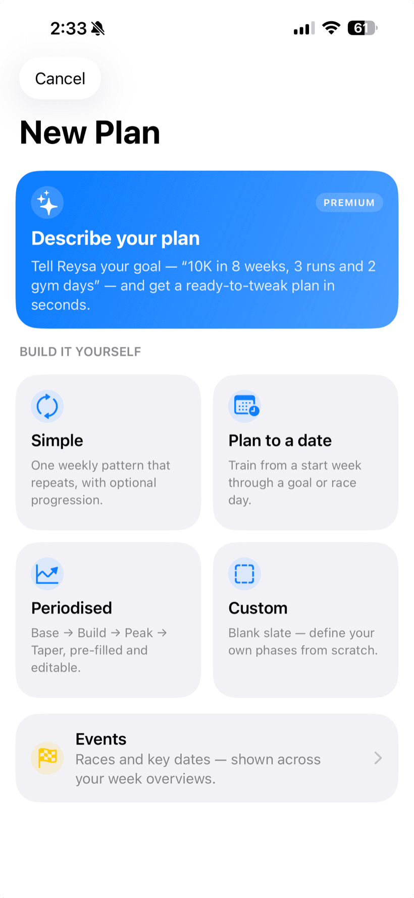 Creating a new plan in Reysa by describing a goal in plain language