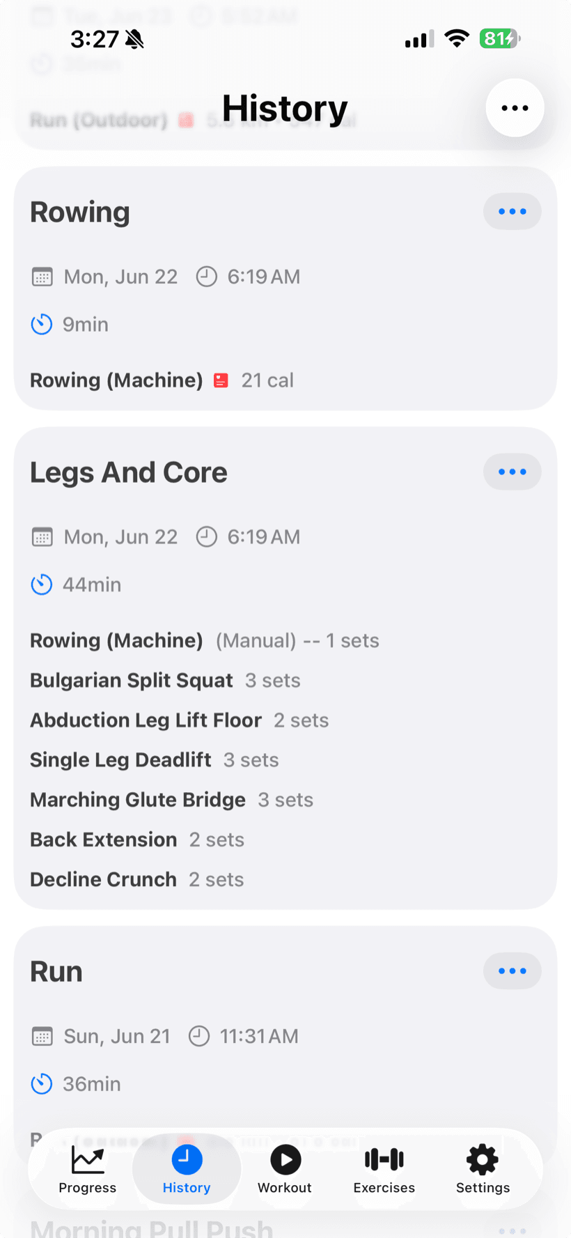 Reysa's history screen with workouts imported from Apple Health