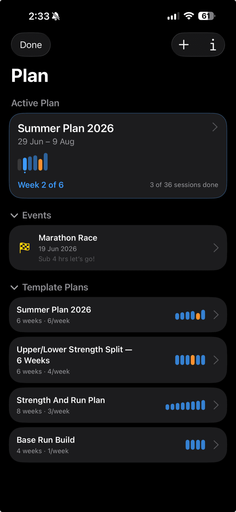 A multi-week running plan in Reysa building toward a race